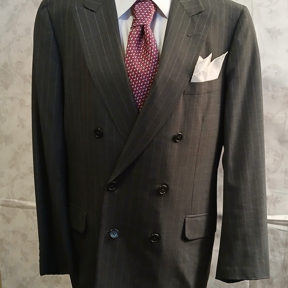 Vintage Tom James Ventura charcoal gray pinstripe double breasted 2 piece suit - Picture 1 of 14